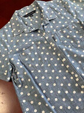 Womens Tommy Hilfiger Chambray Blue White Spirng Polka Dot Shirt (Medium)
